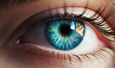 Fototapeta na wymiar a close up of an eye with a blue iris and yellow iris. generative ai