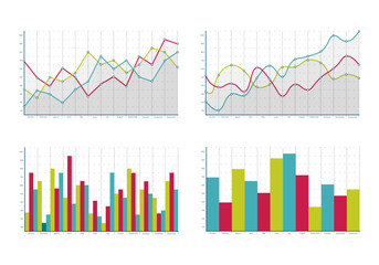 Diagrams, infographics, bar graph. Graphs and diagrams set on a white background. Data visualization elements, marketing charts. Flat design.