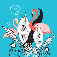 Naklejka premium graphic bright background with plants and red flamingos