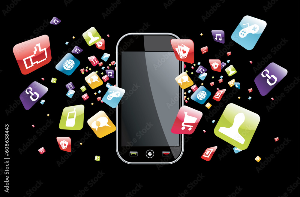 Poster iphone application icons splash out of phone on black background. vector file layered for easy manip