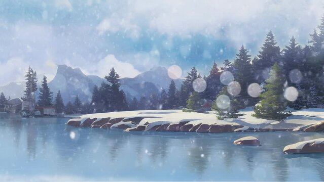 Animated background of a beautiful winter natural landscape with a Japanese anime watercolor painting illustration style. seamless looping video animated background.