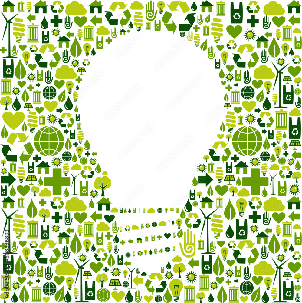 Poster ideas about eco friendly actions. green icons in light bulb symbol shape background. vector file ava