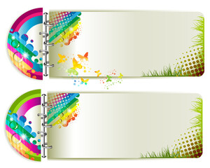 Two banners, colorful background with butterflies