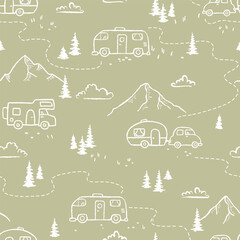 Road trip seamless pattern, doodle camper vans, vanlife, adventure - great for textiles, banners, wallpapers - vector design