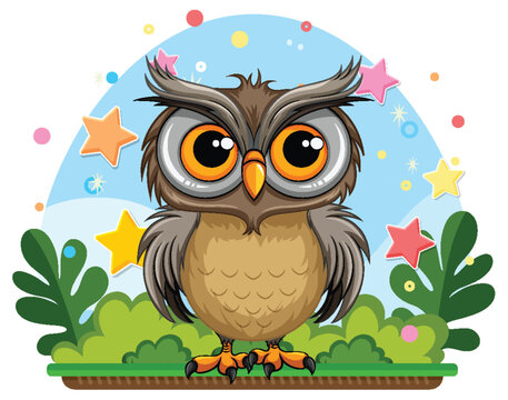 Cute owl cartoon character at the garden cartoon