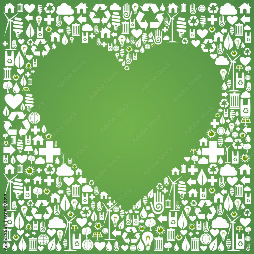 Poster heart shape in green icons set background. vector file available.