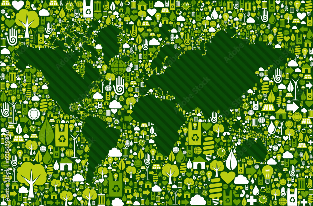 Poster green environment icon set around world map shape. vector file layered for easy manipulation and cus
