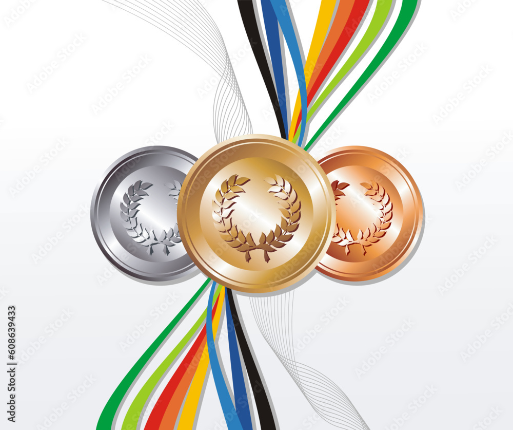 Poster sport gold, silver and bronze medals with ribbon elements set background. vector file layered for ea