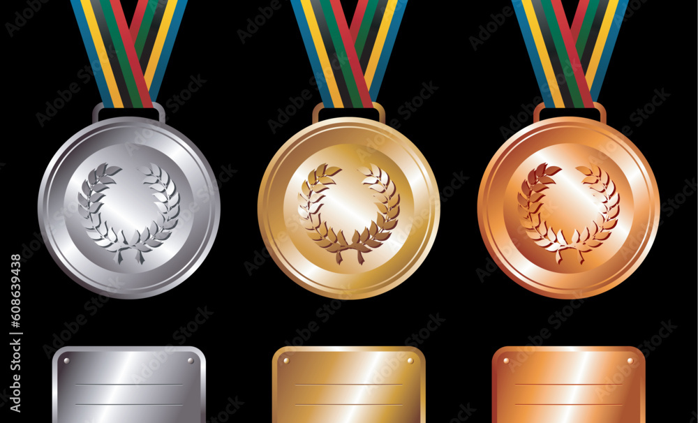 Poster sport gold, silver and bronze medals with ribbon elements set background. vector file layered for ea