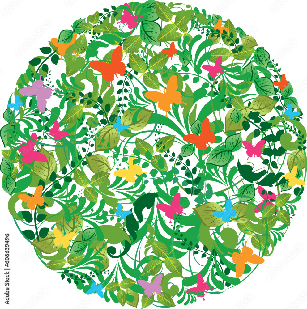Poster leaf, flower and butterfly circle composition. vector file layered for easy manipulation and custom 