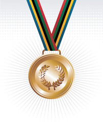Sport gold medal with ribbon elements set background. Vector file layered for easy manipulation and customisation.