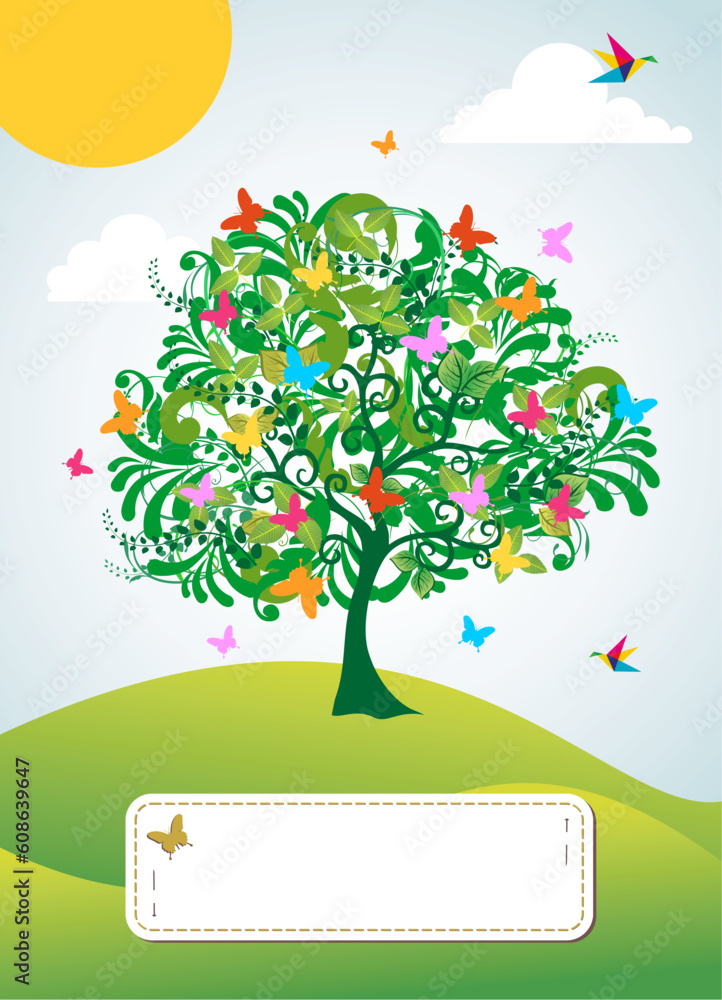 Poster abstract spring time tree with flowers greeting card background. vector file layered for easy manipu