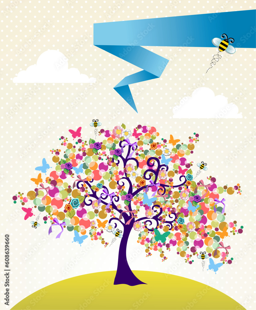 Poster abstract spring time tree composition with flowers background. vector file layered for easy manipula