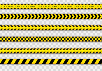 Black and yellow striped line. Police tape. Records with caution and signs of danger. Warning tapes against threats. 