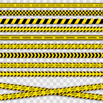 Police tape. Warning tapes against threats. Black and yellow striped line. Records with caution and signs of danger.