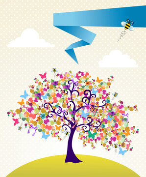 Abstract spring time tree composition with flowers background. Vector file layered for easy manipulation and custom coloring.