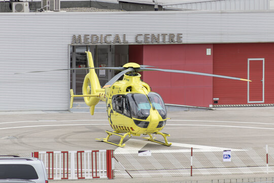 MONTMELLO, SPAIN-JUNE 4, 2021: Eurocopter EC135 (Airbus Helicopters H135) used as medical transport