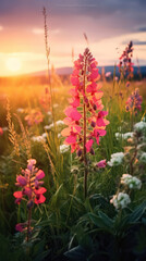 Obraz premium Summer wallpaper. Wildflowers illuminated by the evening sun.
