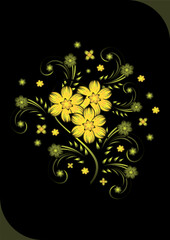Illustration of abstract golden flowers on black background