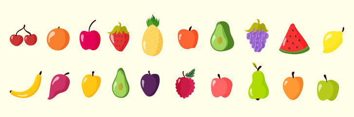Fruit and vegetables set: apple, apricot, strawberry, avocado. Cute vibrant colors fruit, vegetables collections. Fresh farm healthy diet. Natural products. Flat design. Vector illustration, EPS 10.