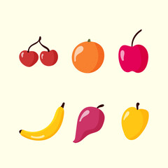 Natural products isolated on light background. Fruit set: grape, pear, raspberry, apple for natural dessert. Cute vibrant colors fruit collections. Fresh farm healthy diet. Flat design.