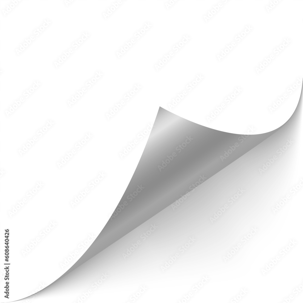 Poster folded paper. curved corner paper with shadow. white page rotates bottom right on transparent backgr