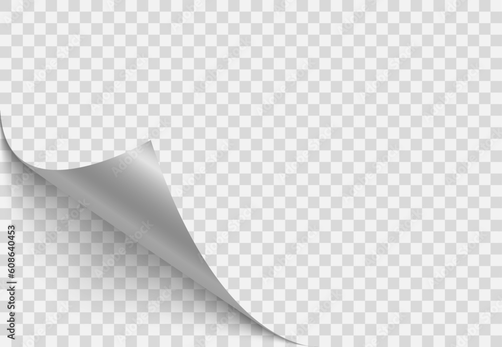 Poster folded paper. curved corner paper with shadow. white page rotates bottom right on transparent backgr