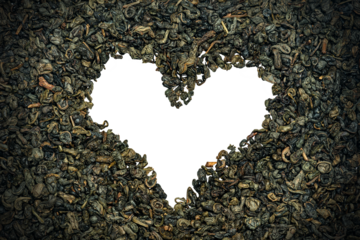 Close-up of many dried leaves of green gunpowder tea, arranged in a heart shape and isolated on white or transparent background, photography, png.