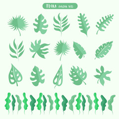 Flora. Foliage of the jungle. Green palm leaves on a white background. Tropical plants. Creative art concept. Eco green color leaf logo flat icon set.