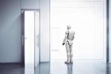 White robot working with laptop, looking at businessman standing near exit door in modern white office background. Generative AI