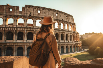 Fototapeta na wymiar Young girl with backpack in a hat stands with her back and looks at the Colosseum in Rome in the sun.Travel Adventures. Close-up. Generative AI content.
