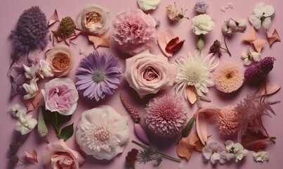  a bunch of flowers that are on a pink surface together.  generative ai