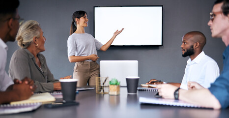 Woman, coaching and presentation in meeting with mockup screen for team strategy or project...