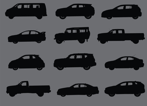 Various city cars silhouettes isolated on grey background.