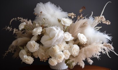  a white vase filled with lots of white flowers and feathers.  generative ai