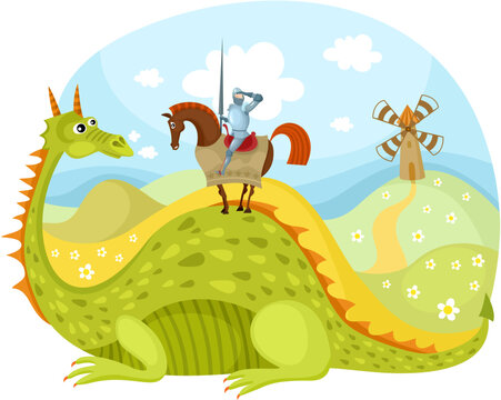 vector illustration of a cute dragon and knight