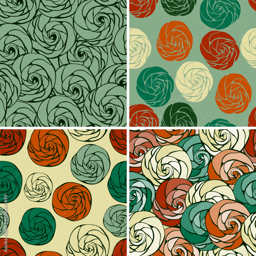 Poster vector set of seamless patterns with abstract roses,eps 8 fully editable files with clipping masks, 