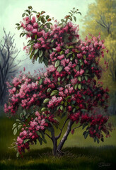Blossoming apple tree against the background of a gloomy stormy sky. AI Generated