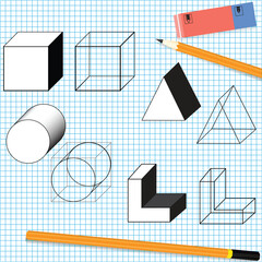 Simple drawing objects with a pencil and eraser. Vector illustration.