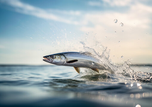 Herring fish jumping out of water. Generative Ai image