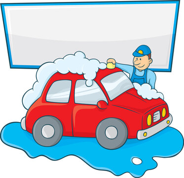 Cartoon of a man in blue form hand washing a red car with copy space for your message.