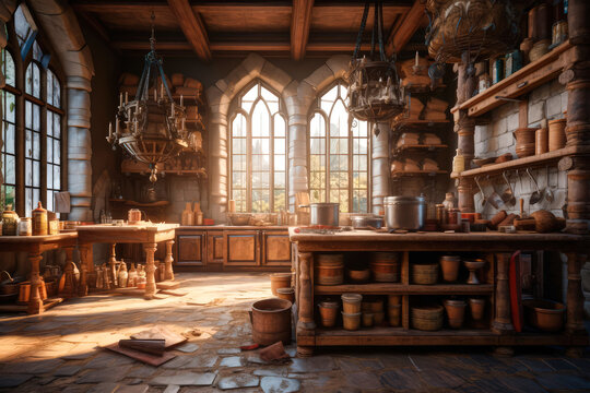 Beautiful and atmospheric illustration with medieval big castle kitchen. Empty space for character. Cinematic, volumetric light, realistic environment made with Generative AI