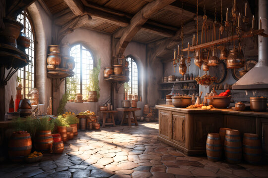 Beautiful and atmospheric illustration with medieval big castle kitchen. Empty space for character. Cinematic, volumetric light, realistic environment made with Generative AI