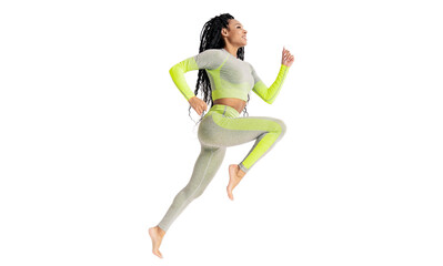 A slender woman in a fitness suit doing exercises to train her body. Transparent background, png.p