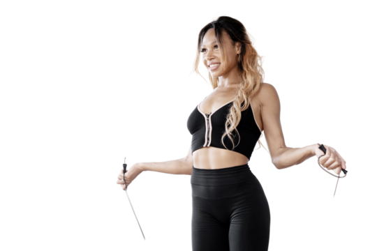A slim woman training in a fitness suit doing exercises to train her body. Transparent background, png.