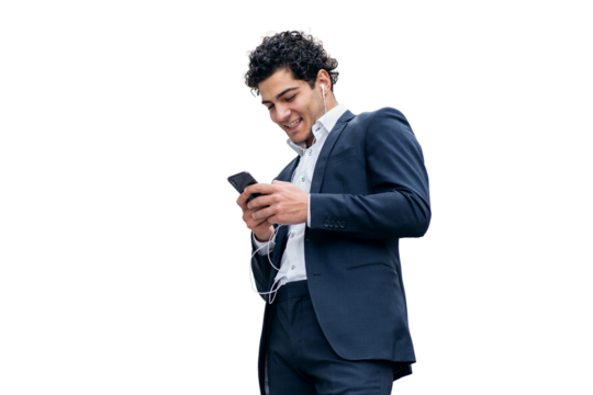 A businessman entrepreneur uses a phone app during a break for a game. The printing text of the message in the SMS. Transparent background, isolated.