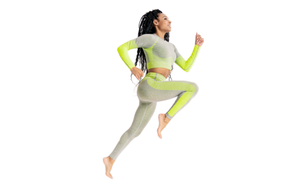 A slender woman in a fitness suit doing exercises to train her body. Transparent background, png.p