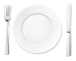 Empty plate with knife and fork. Illustration for design on white background
