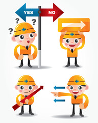 funny cartoon worker icon set with arrow board