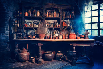 Beautiful and atmospheric illustration with medieval spooky witch kitchen. Dried herbs and strange ingridients. Empty space for character. Cinematic, realistic environment made with Generative AI - obrazy, fototapety, plakaty